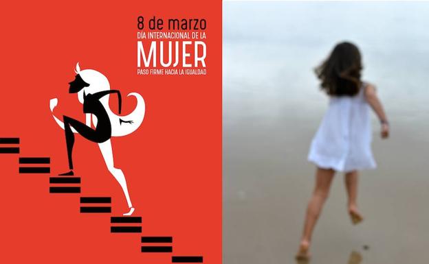 Una mujer subiendo escalones hacia la igualdad, cartel del 8 de marzo