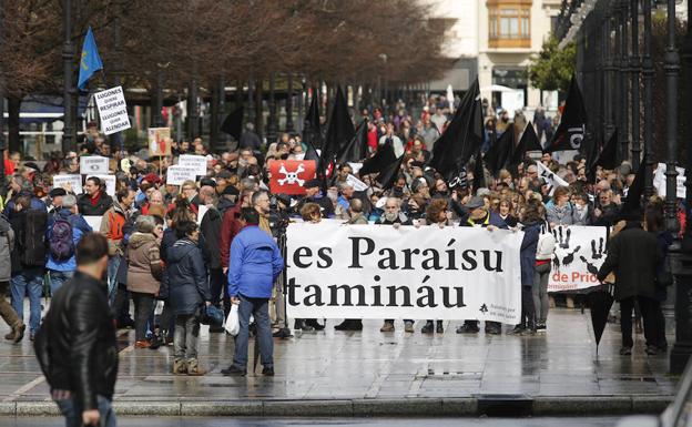 Los manifestantes, concentrados en Gijón. /Jorge Peteiro.