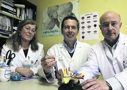 Los médicos Pilar Carro, Justo Gómez y Faustino Núñez, junto a reproducción del oído, explican cómo funciona el implante. :: M. ROJAS/