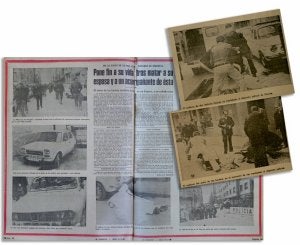 Tragedia. Información publicada en EL COMERCIO el día posterior al macabro crimen. En las fotos superiores, los cadáveres de los dos hombres son trasladados a la morgue. Los restos mortales de la mujer se encontraban en el interior del coche./
