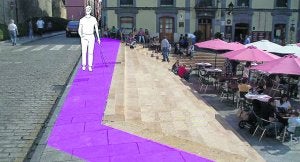 Propuesta de pavimento táctil que ayude a guiarse a los invidentes sobre las escaleras de Arturo Arias. :: FUNDACIÓN ONCE / AYUNTAMIENTO DE GIJÓN/