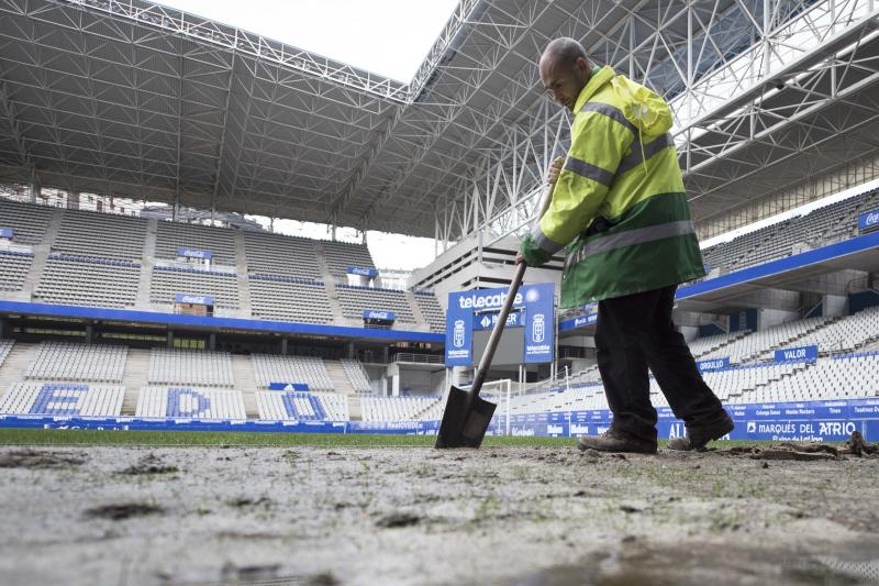 Obras en el césped del Carlos Tartiere