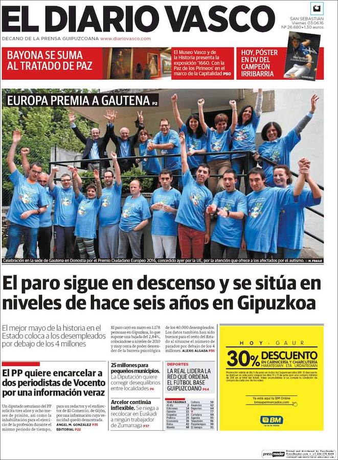 Portadas de los diarios del Grupo Vocento. Viernes 3 de junio de 2016