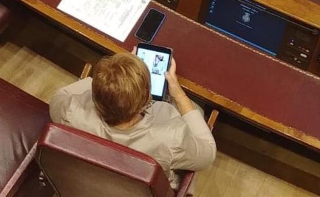 Celia Villalobos, mirando ropa durante la sesión de control al Gobierno