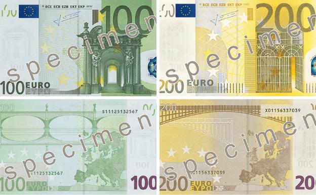 Llegan los nuevos billetes de 100 y 200 euros, de tamaño similar a los de 50