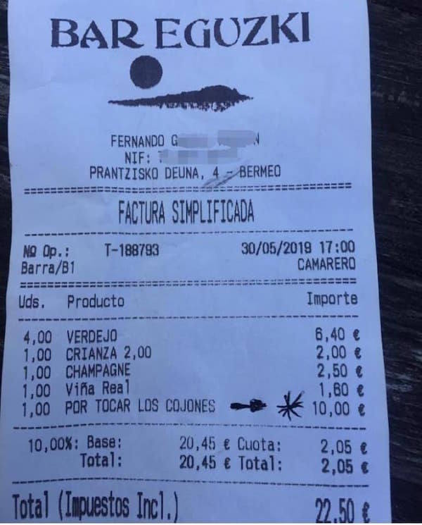 'Vinos y copas, 11 euros. Por tocar los cojones, 10 euros'