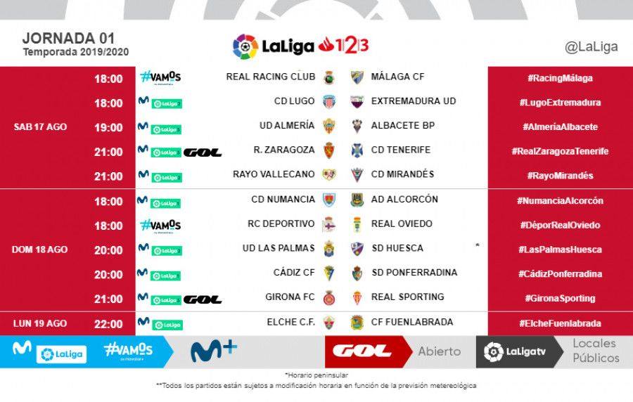 Horarios de las tres primeras jornadas de Segunda División