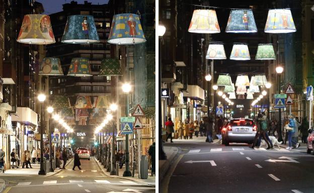 Gijón, antes y después del encendido de las luces de Navidad