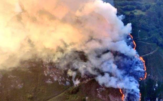 Los bomberos trabajan en la extinción de un incendio forestal en Belmonte de Miranda