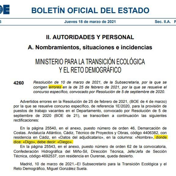 Donde el BOE dijo 'digo', dice 'Diego': la subsanación de un error de libro
