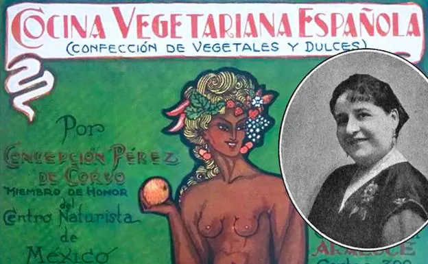 Portada de 'Cocina vegetariana española' y retrato de Concepción Pérez./