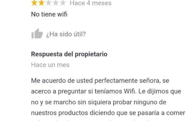 Su restaurante recibe dos estrellas en Google por no tener WiFi y la respuesta se hace viral