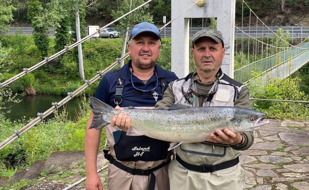 Un ribereño del Ulla pesca el campanu asturiano del Eo