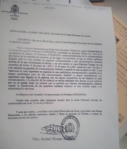 La Junta Electoral anula las papeletas de Podemos al Senado que no corresponden a la candidatura de Asturias