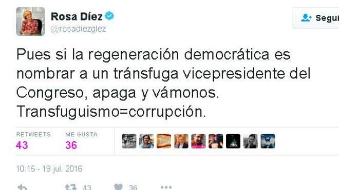 Rosa Díez carga en Twitter contra el nombramiento del «tránsfuga» Ignacio Prendes