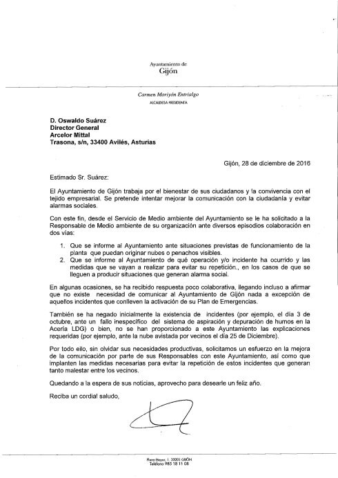 Carmen Moriyón reprocha en una carta a ArcelorMittal su 